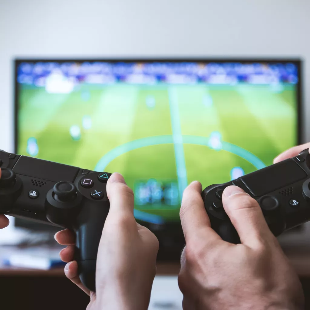 A football computer game is being played.