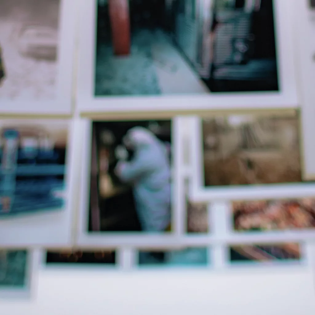 Collection of printed photos, blurred.