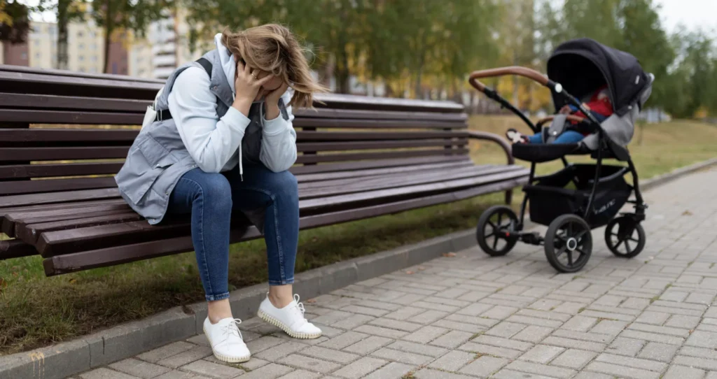 A Mum looking stressed on a bench, with her child nearby sleeping.